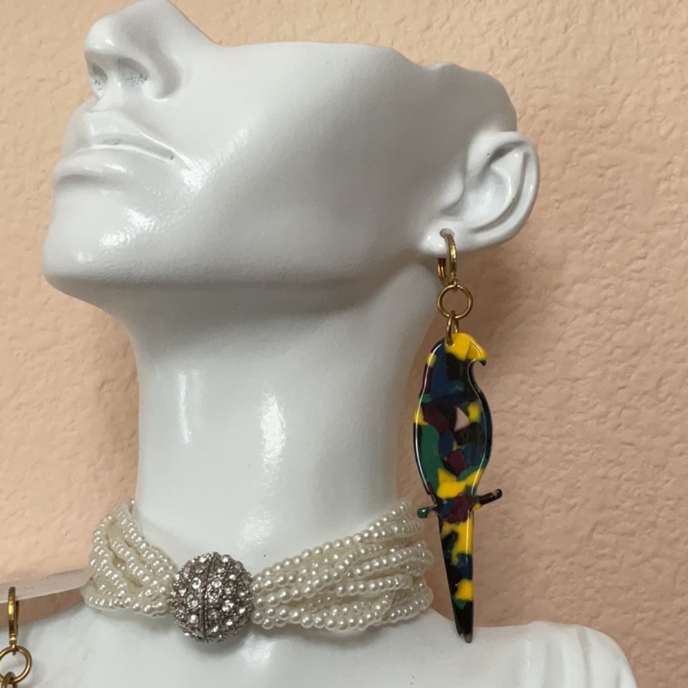 Meredith Waterstraat -Colorful Parrot Statement Earrings - Multicolor Resin